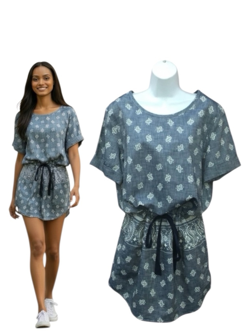 GAP Chambray Drawstring Paisley Print Casual Mini Dress - Women’s Small